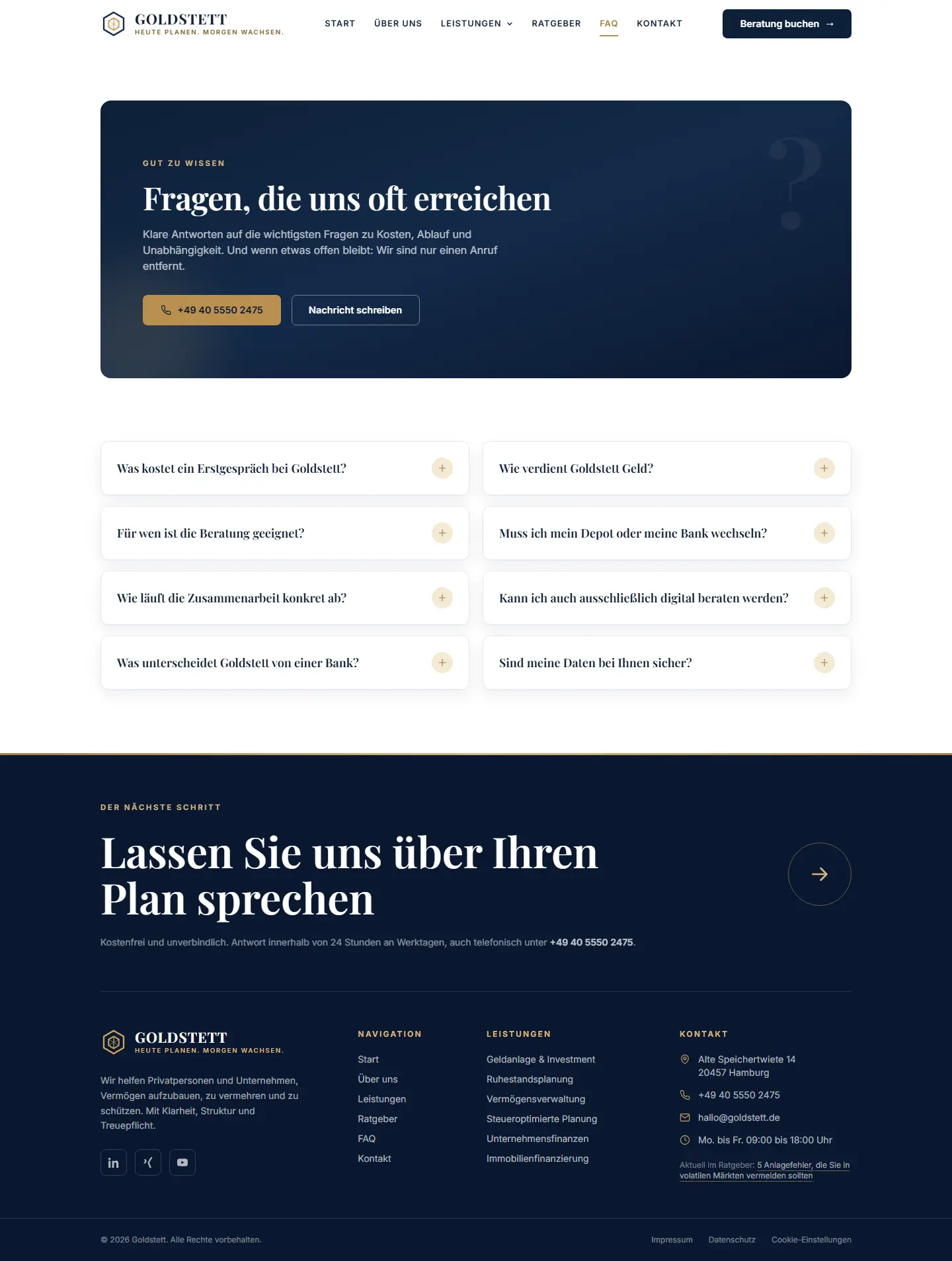 FAQ als eigene Seite des Templates Goldstett