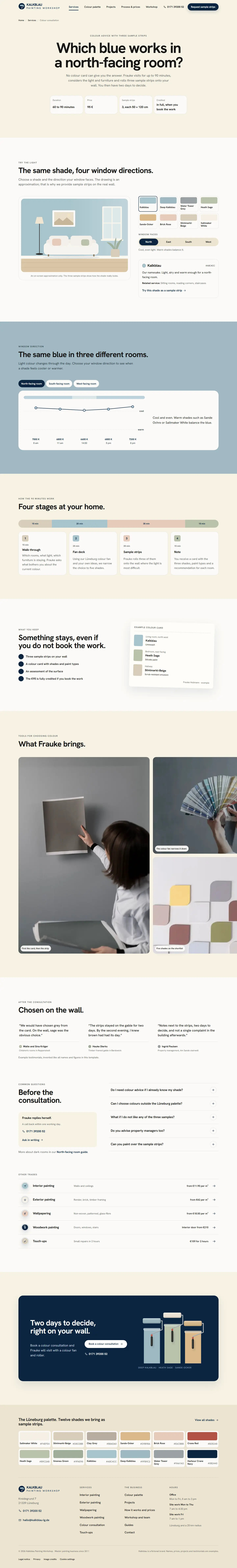 Colour consultation page with a drawn living room whose wall shows the chosen shade, shade buttons and a north, east, south and west switch