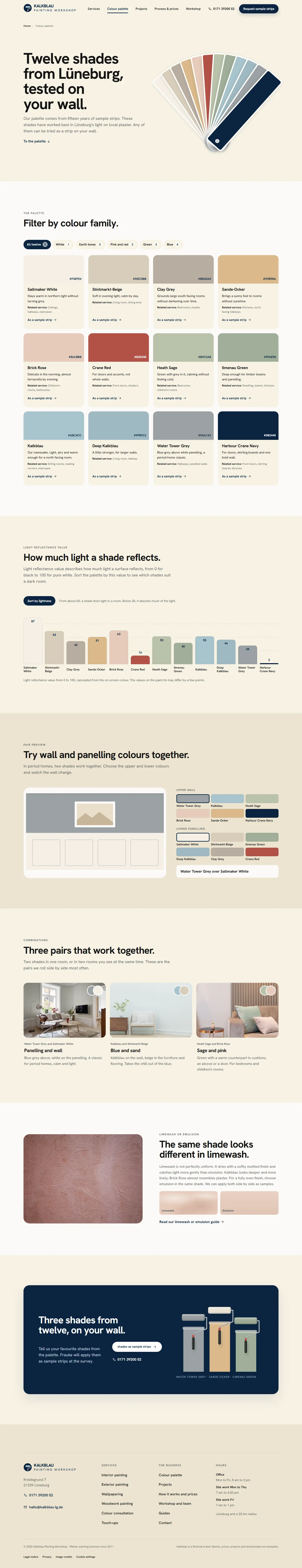 Colour palette page with a fan of twelve paint strips beside the headline and shade cards below