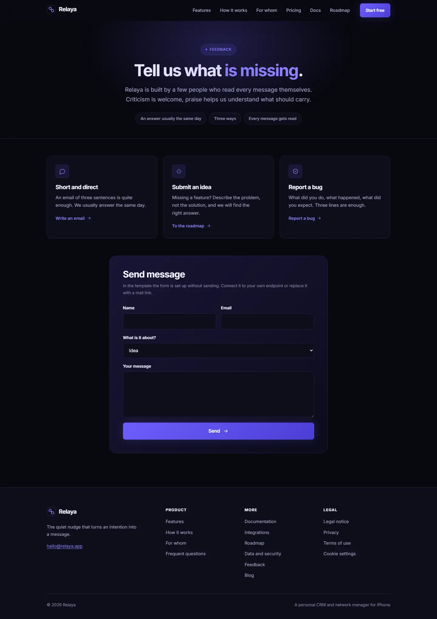 Feedback page of the Relaya template