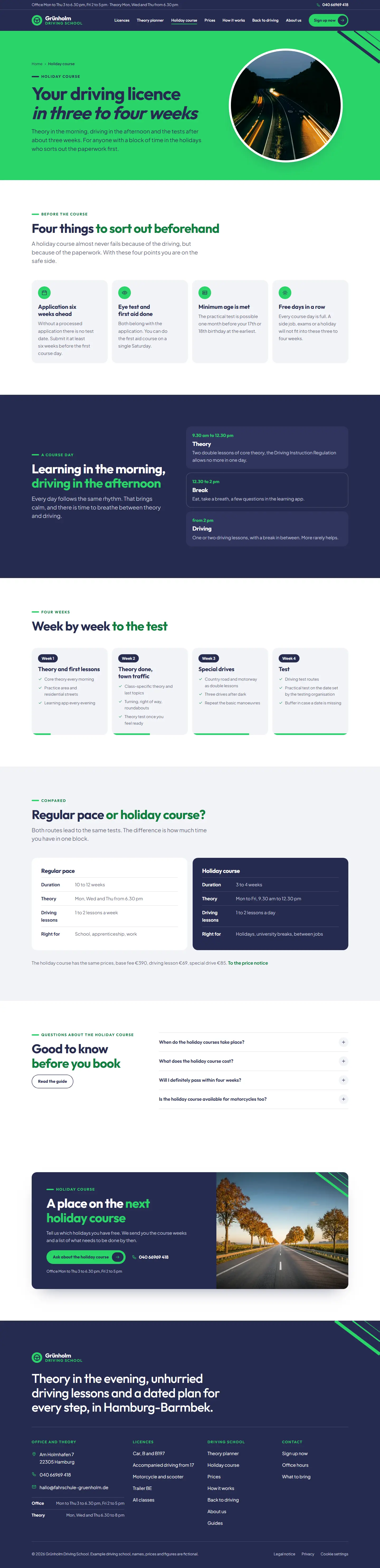 Holiday course, subpage of the Grünholm template