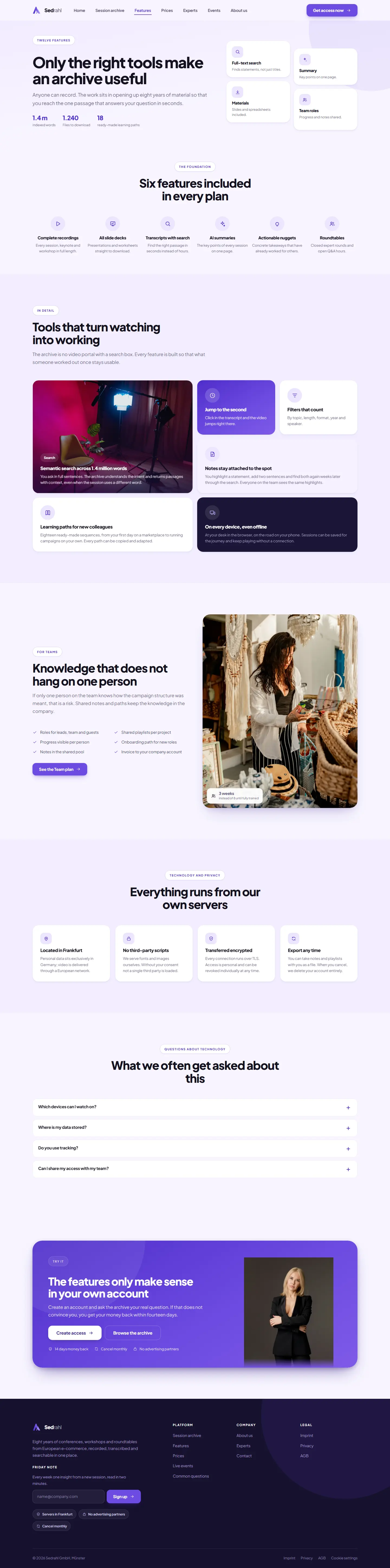 Features page of the Sedrahl template with a bento grid of twelve features