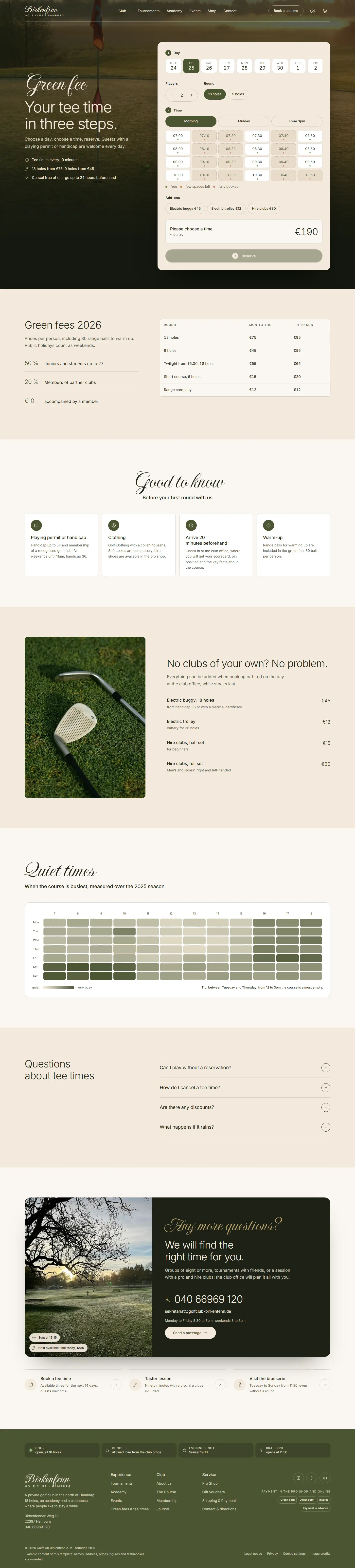 Green fee page with a booking panel for day, players and time and a green fee price table