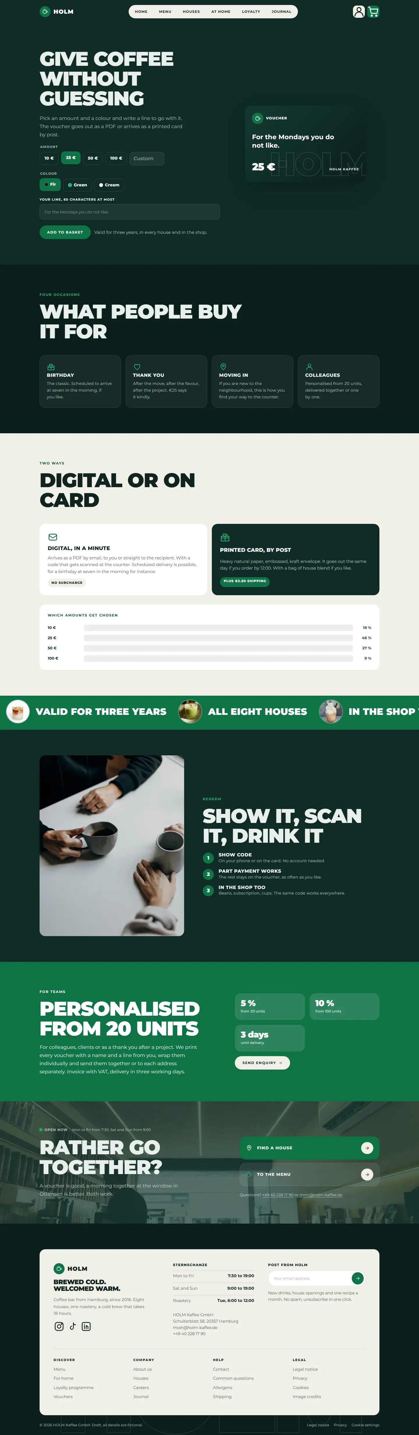 Vouchers page of the Holm template with the live voucher preview