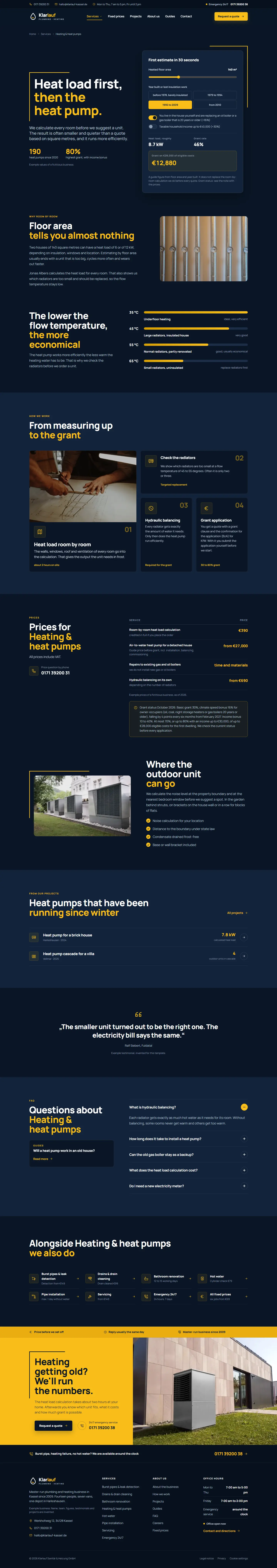 Heating page with the headline next to a funding calculator showing heat load, funding rate and grant