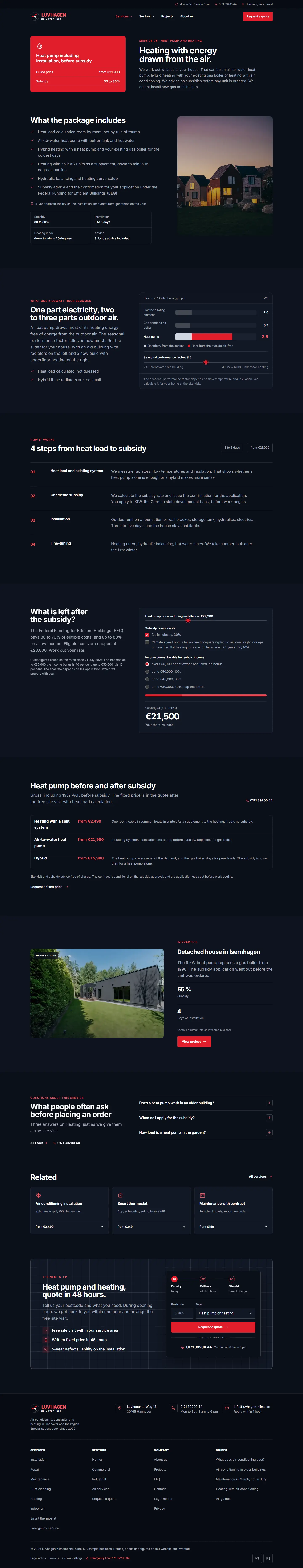 Heat pump page with bars for heating element, gas boiler and heat pump, and a subsidy calculator with a price slider and bonus checkboxes