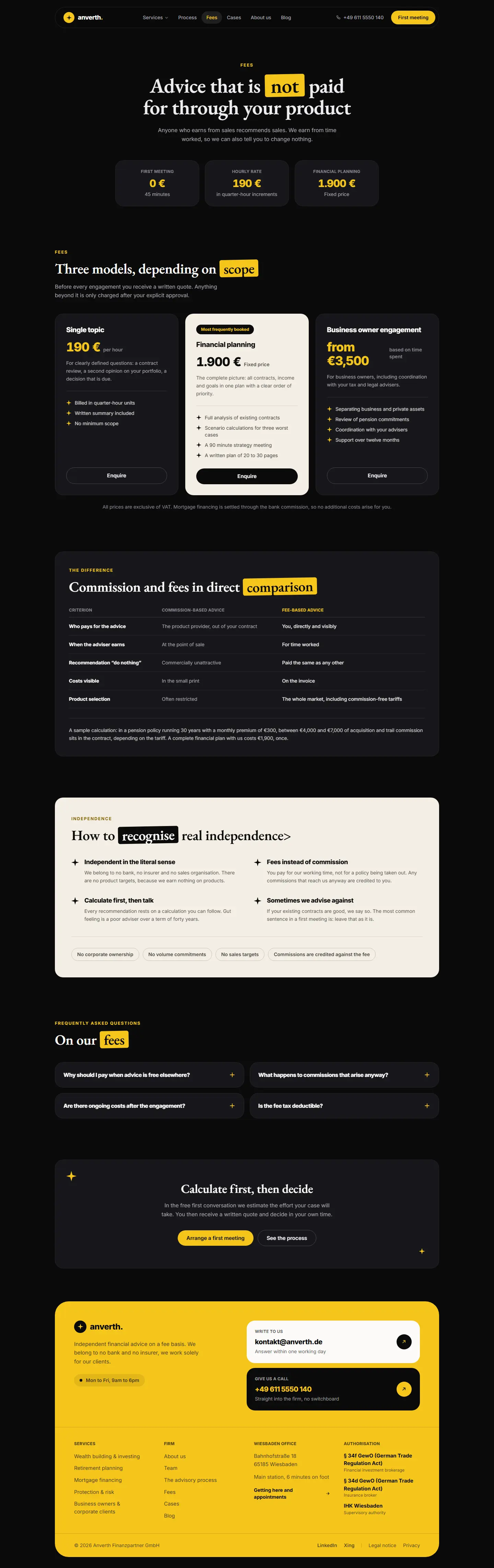Fee page of the Anverth template with three fee models and prices