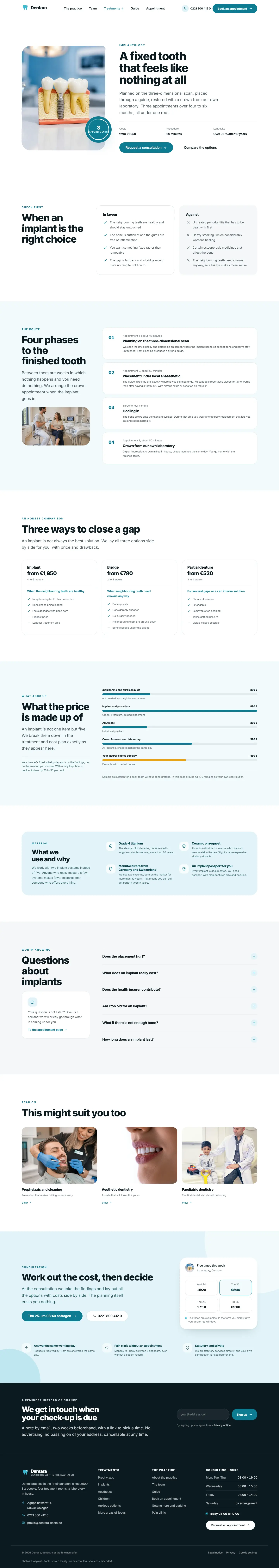 Implantology page with a cost comparison as bars