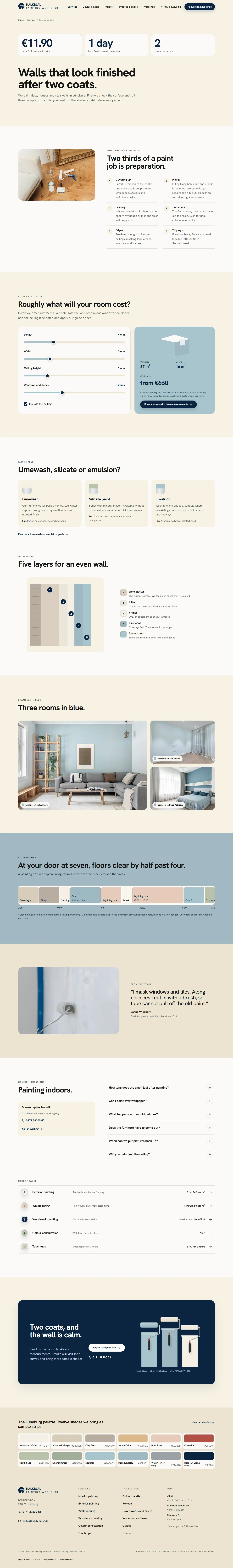 Interior painting page with key figures, a headline and a room calculator with sliders