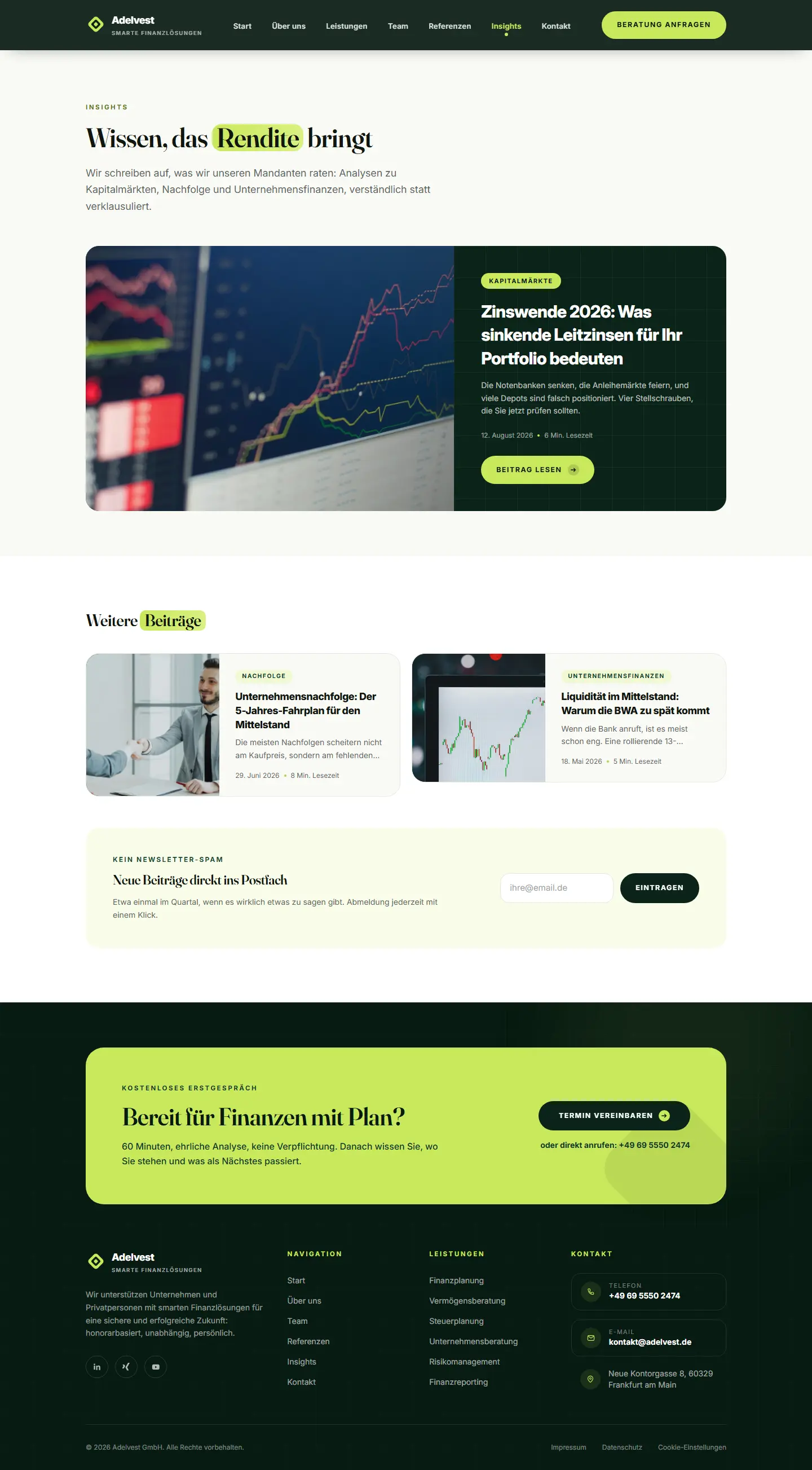 Insights mit drei Artikeln des Templates Adelvest