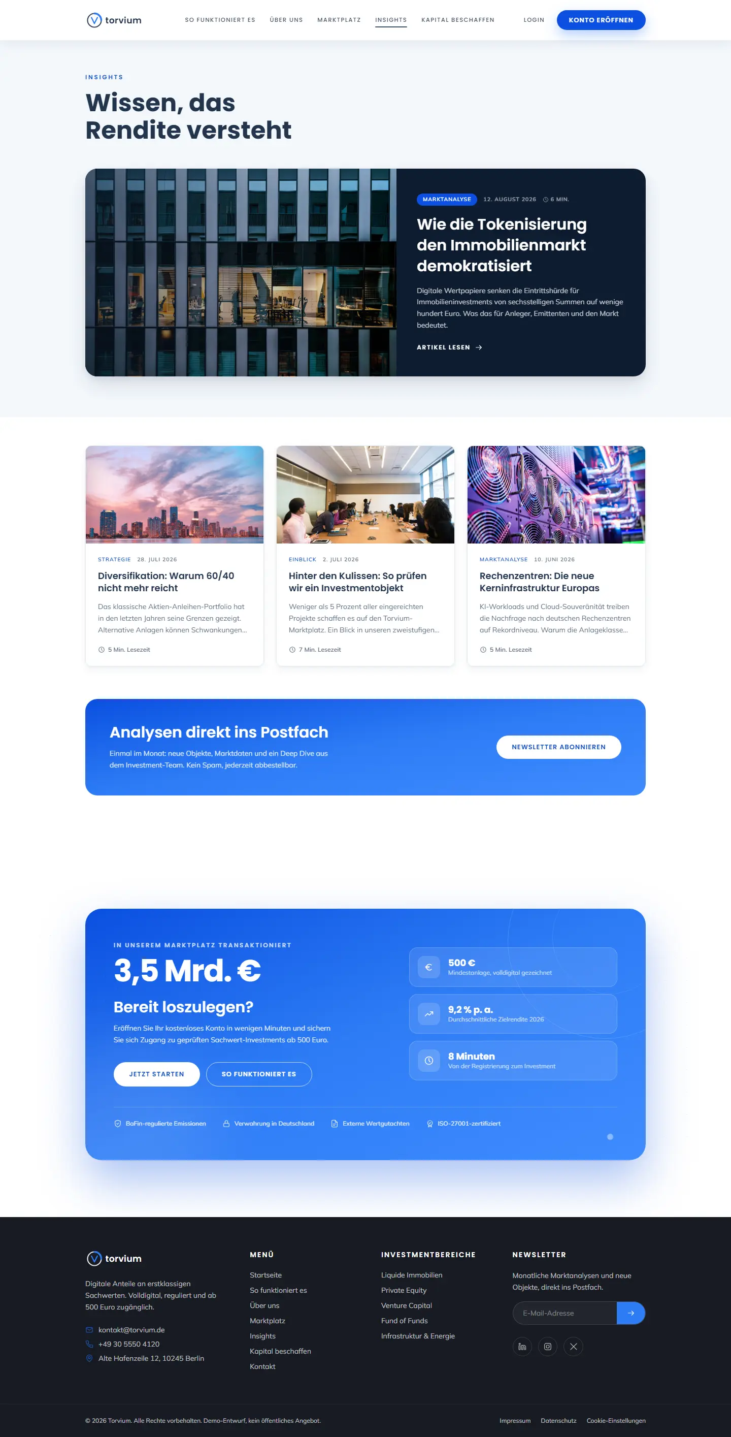 Insights mit vier Artikeln des Templates Torvium