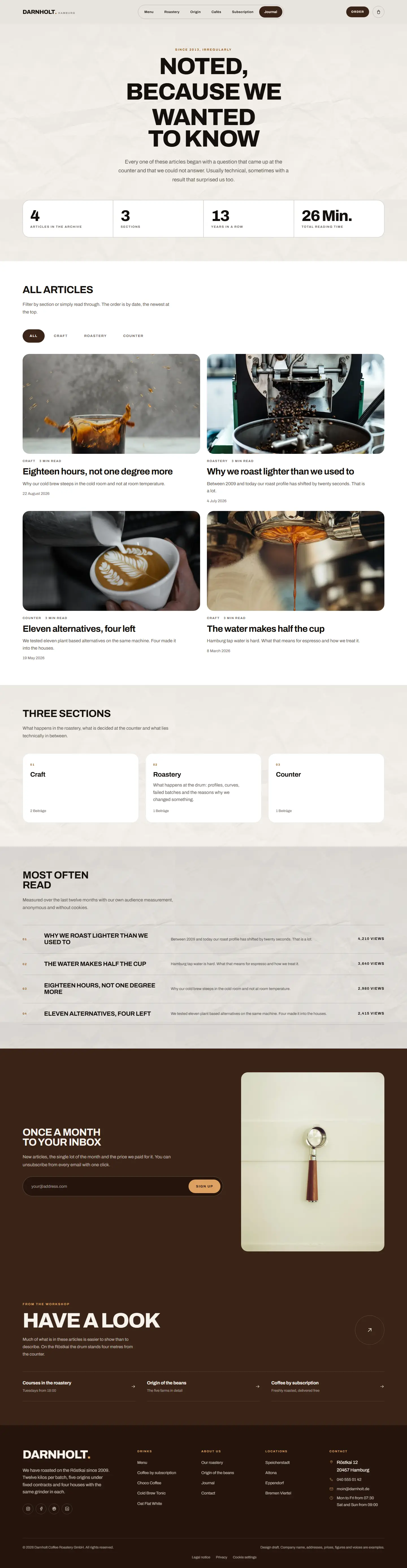 Journal page of the Darnholt template with a centred magazine header and article cards