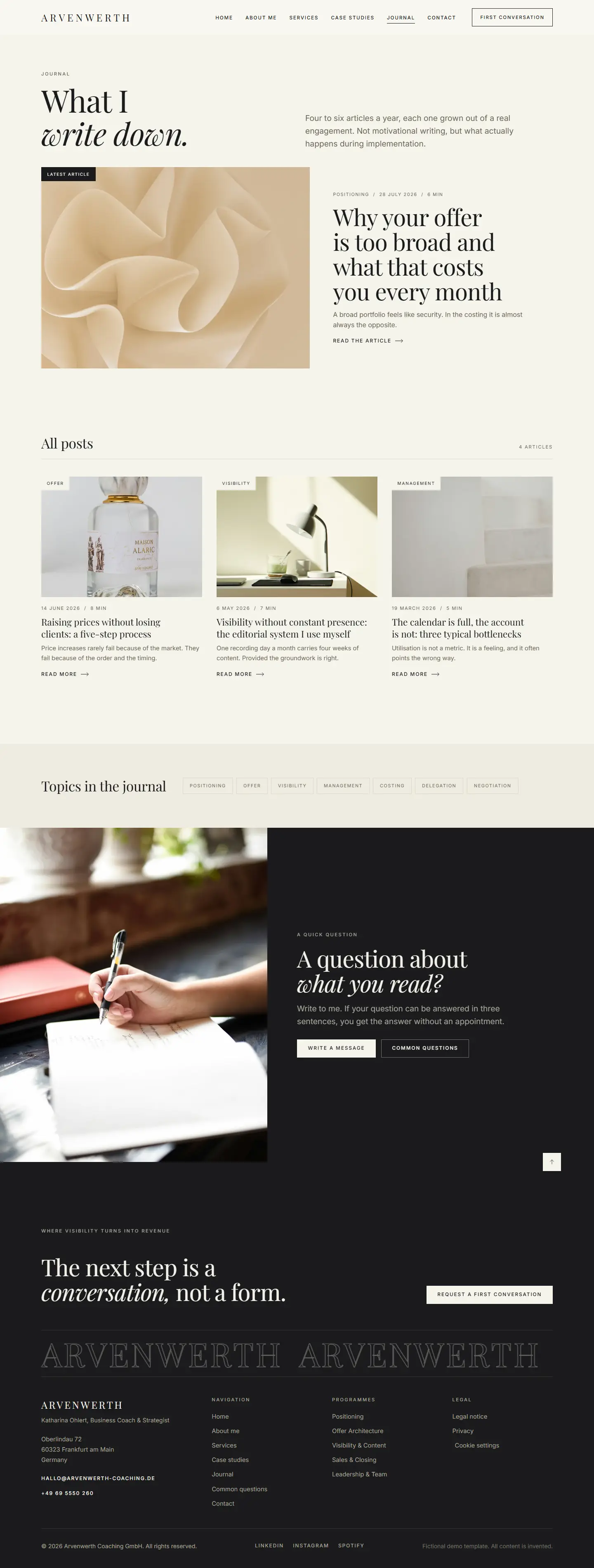 Journal page of the Arvenwerth template