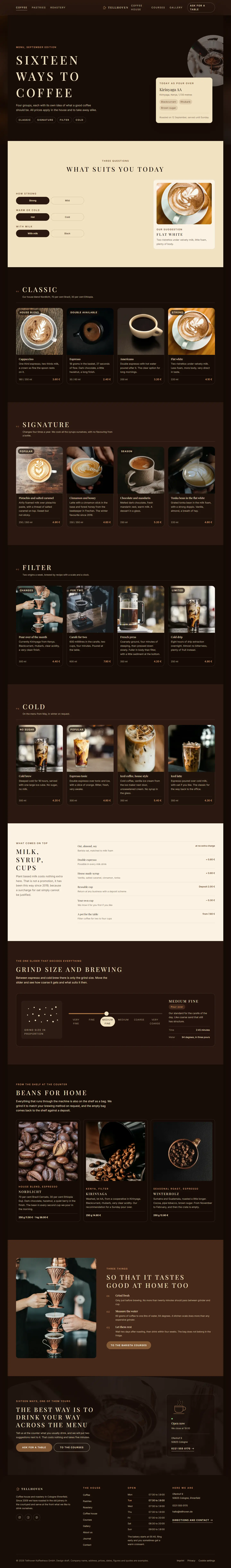 Coffee page of the Tellhoven template with the coffee finder and cards for the drinks