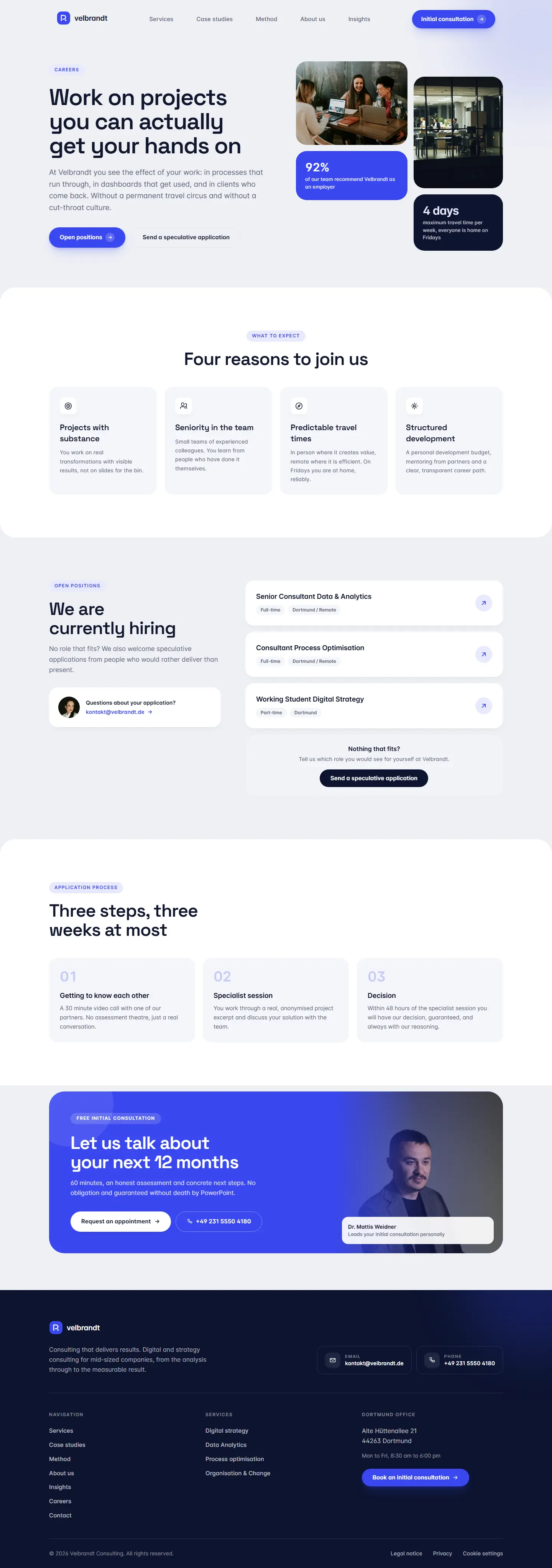 Careers page of the Velbrandt template with benefits and roles