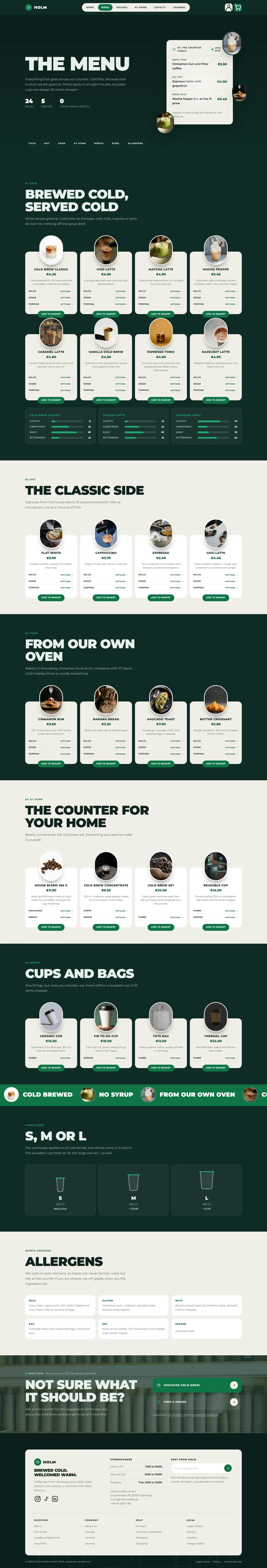 Menu page of the Holm template with tabs for cold and hot and the tilting daily board