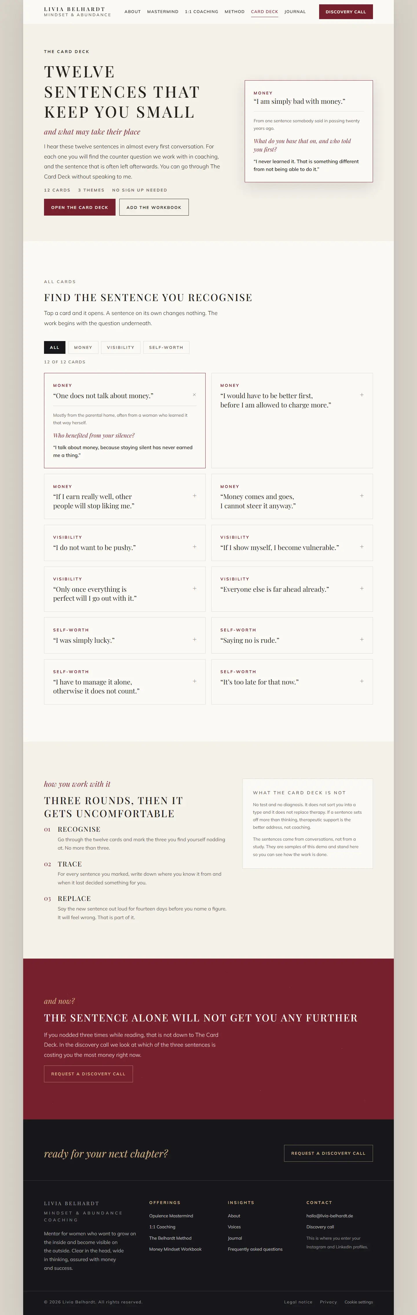 The card deck page of the Belhardt template, twelve belief cards with a topic filter