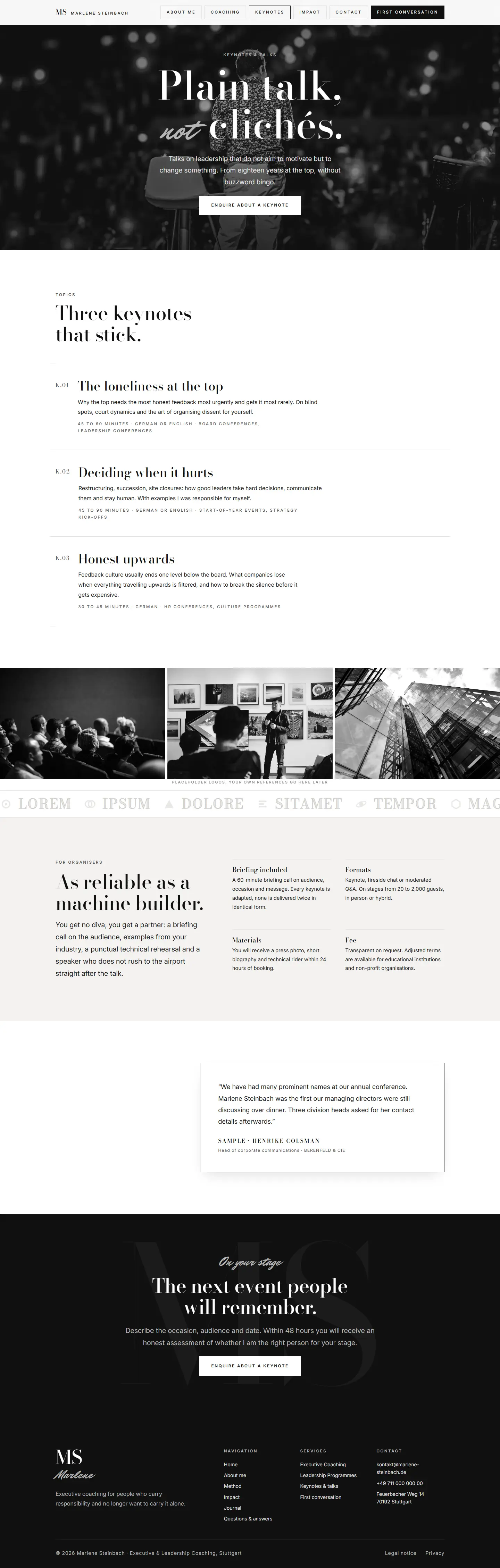 The keynotes page of the Steinbach template, centred type over a darkened stage photograph