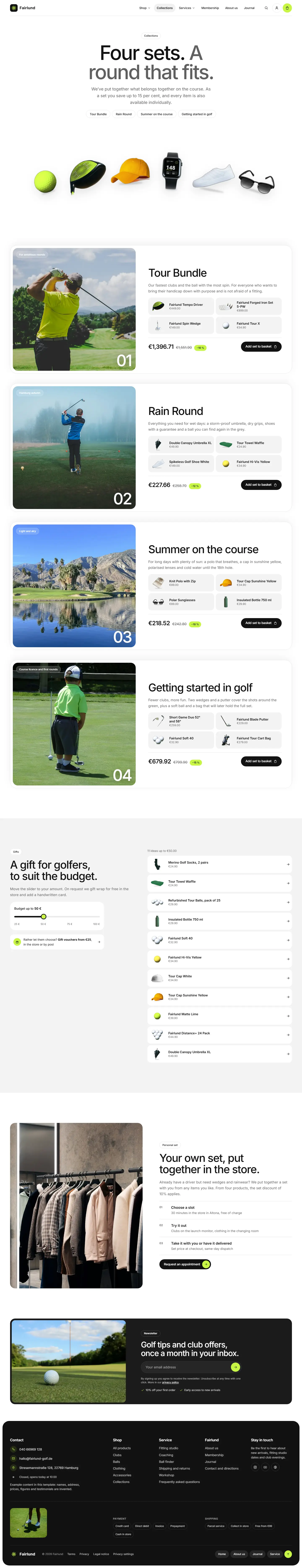 Collections page with a centred headline and six cut out products fanned out below it