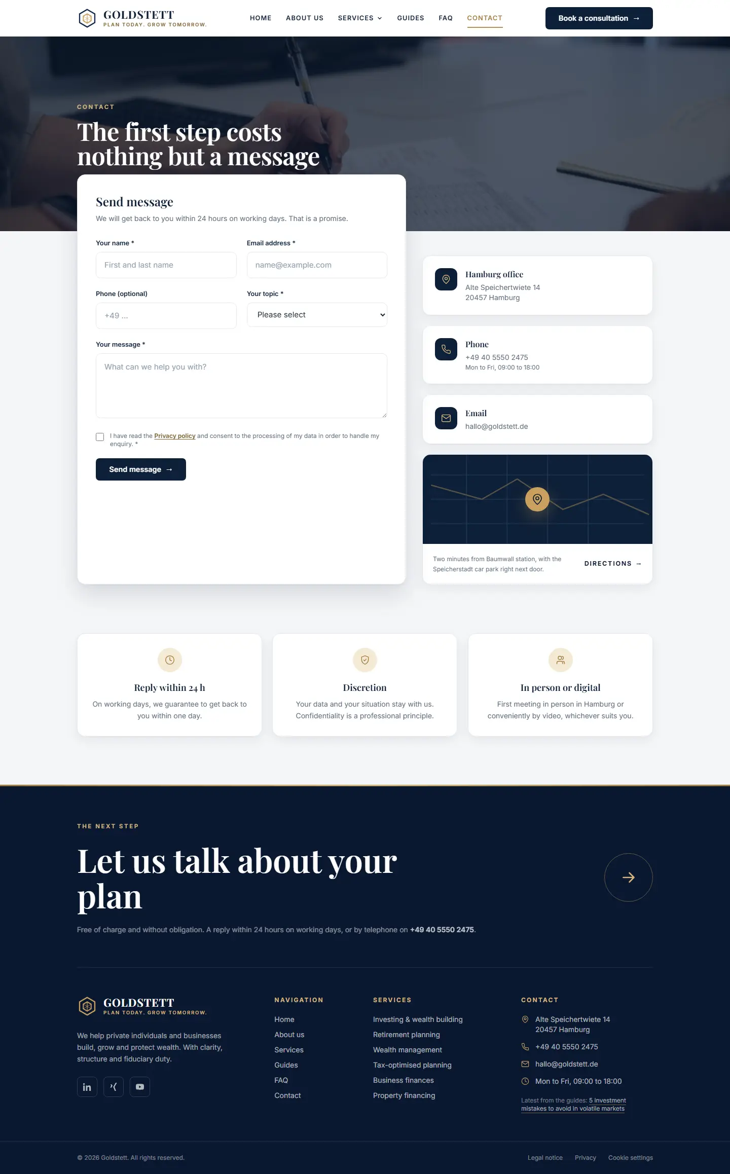 Contact page of the Goldstett template with form and direct contact