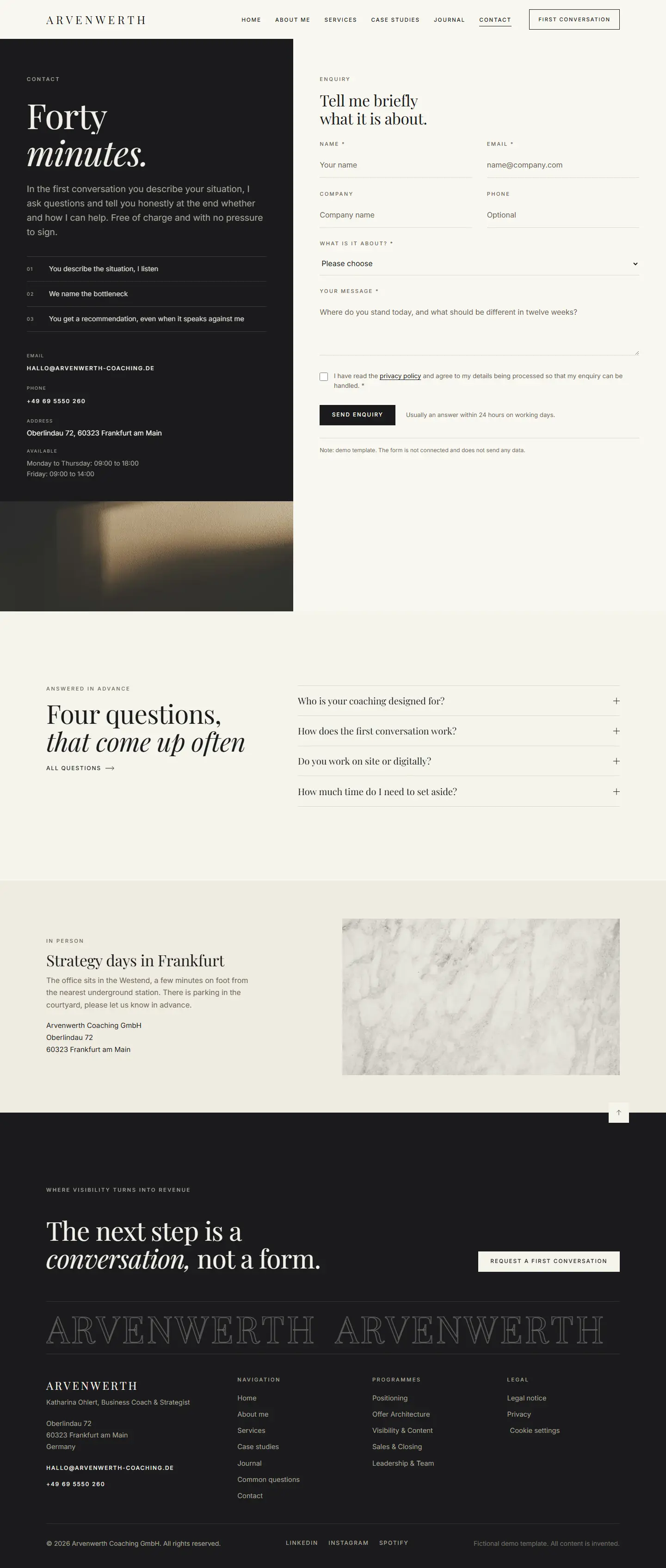 Contact page of the Arvenwerth template
