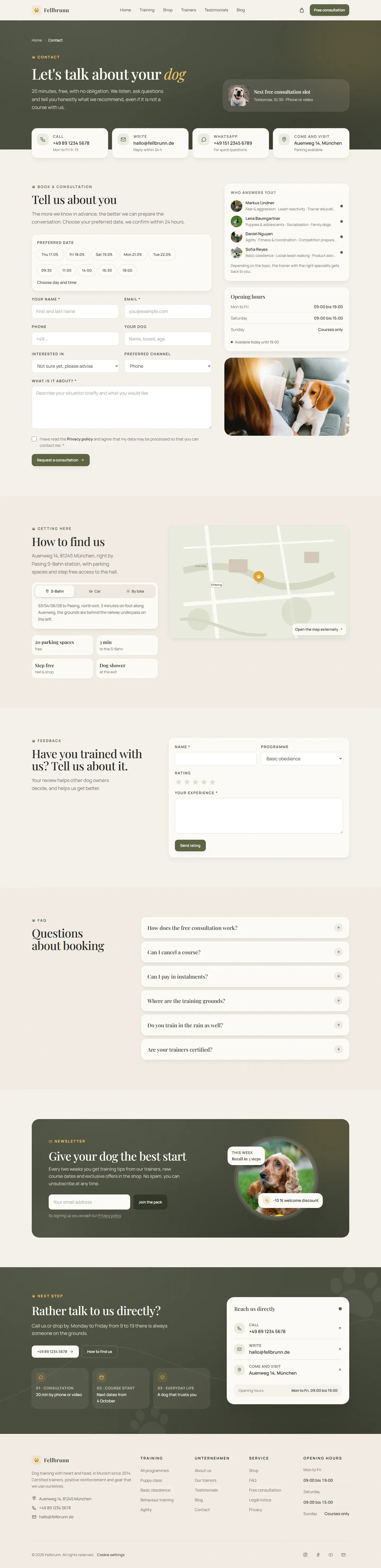 Contact page of the Fellbrunn template with the choice of day and time and the drawn route sketch