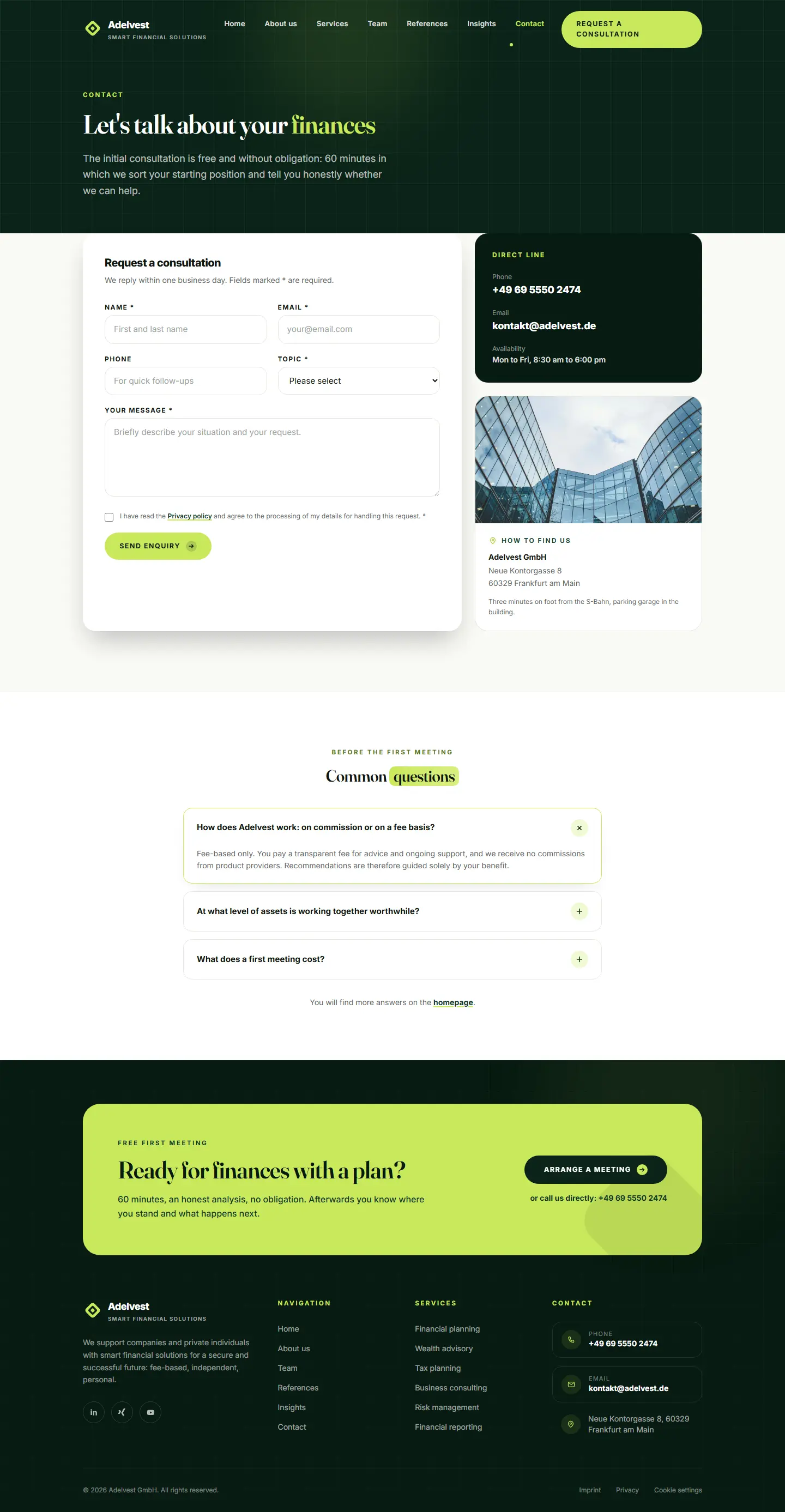 Contact page of the Adelvest template with form and direct contact