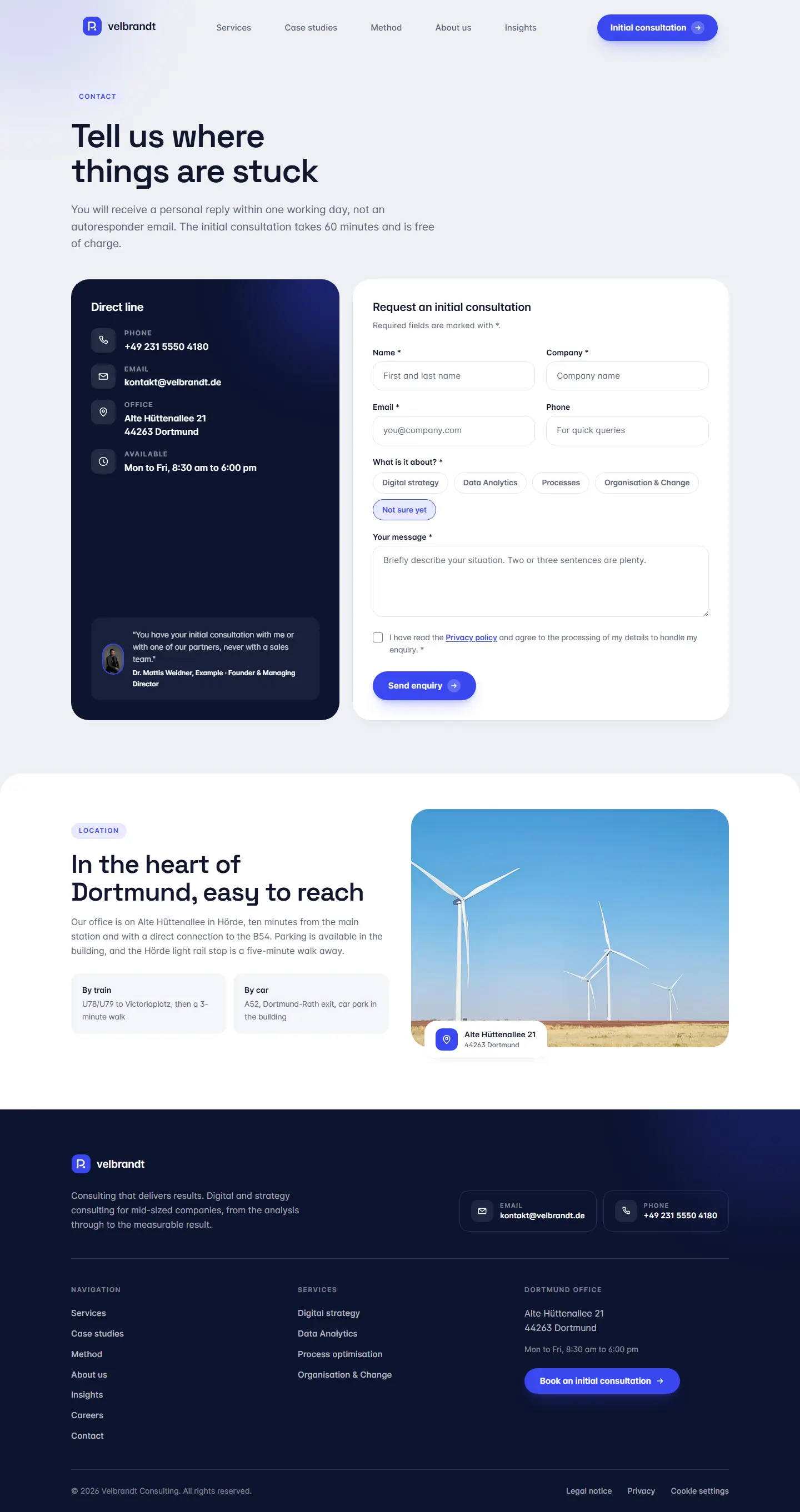Contact page of the Velbrandt template with form and direct contact