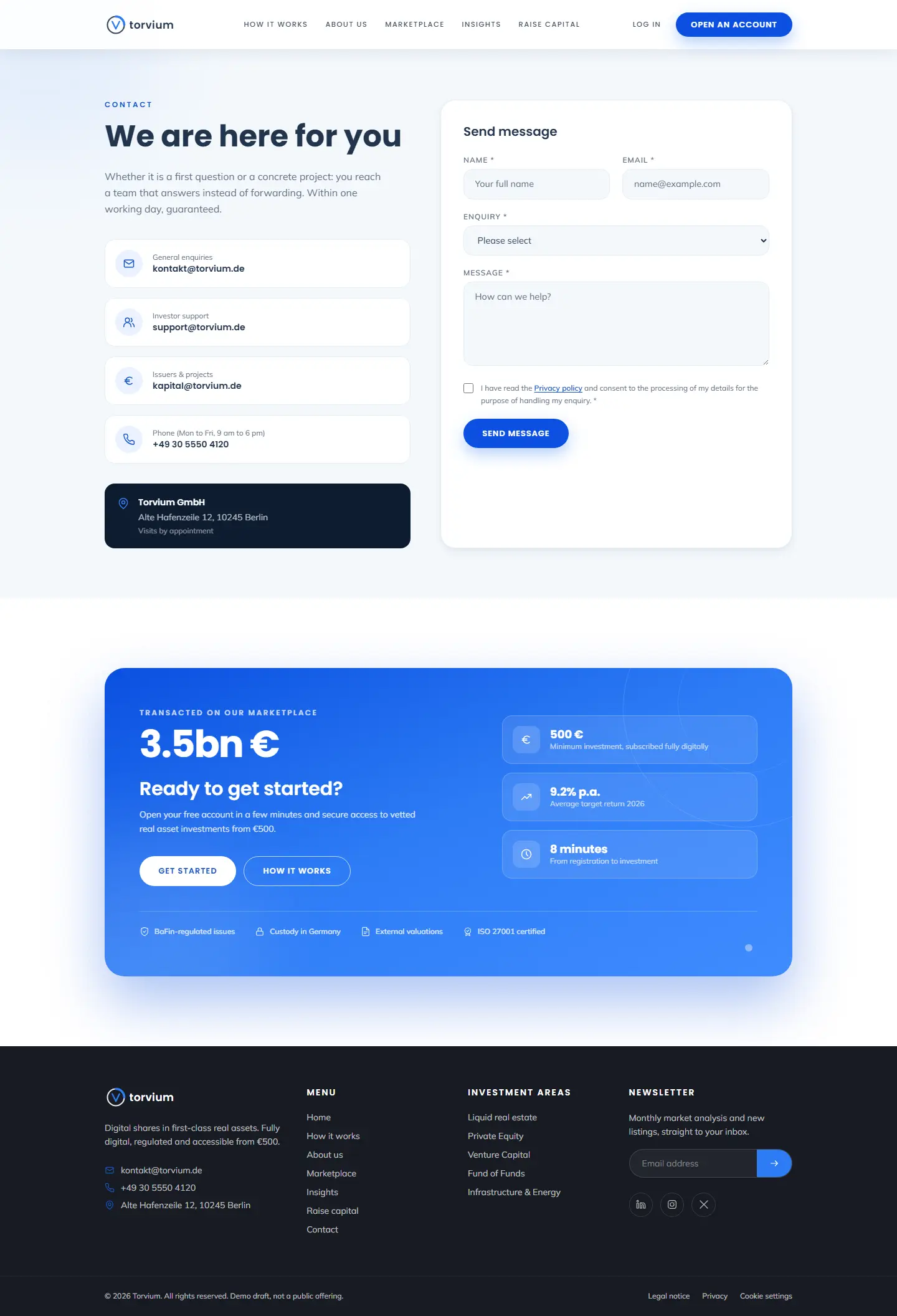 Contact page of the Torvium template with form and contact channels