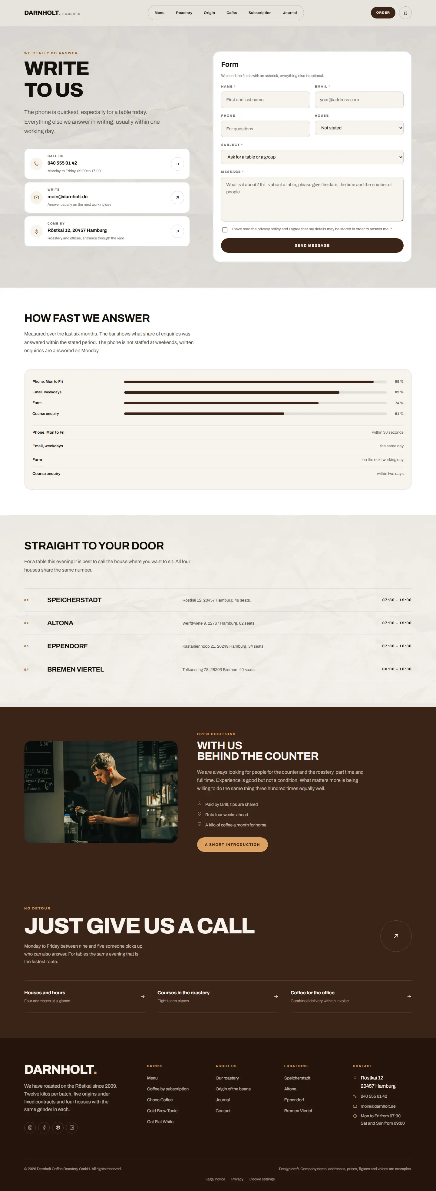 Contact page of the Darnholt template with the form in the opening section and response times as bars