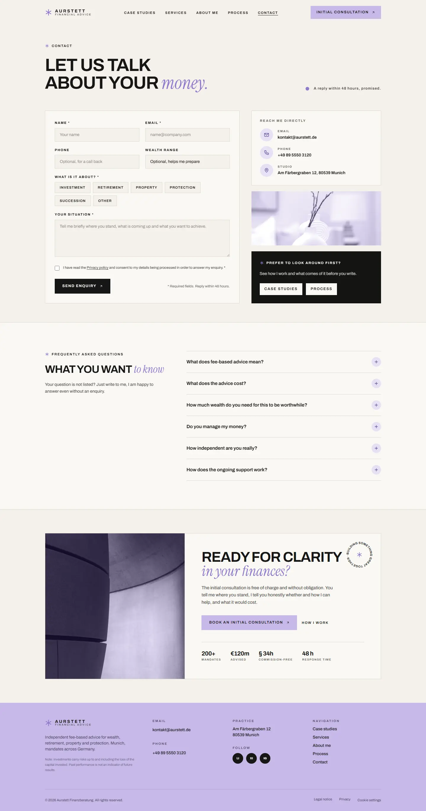 Contact page of the Aurstett template with form and direct contact
