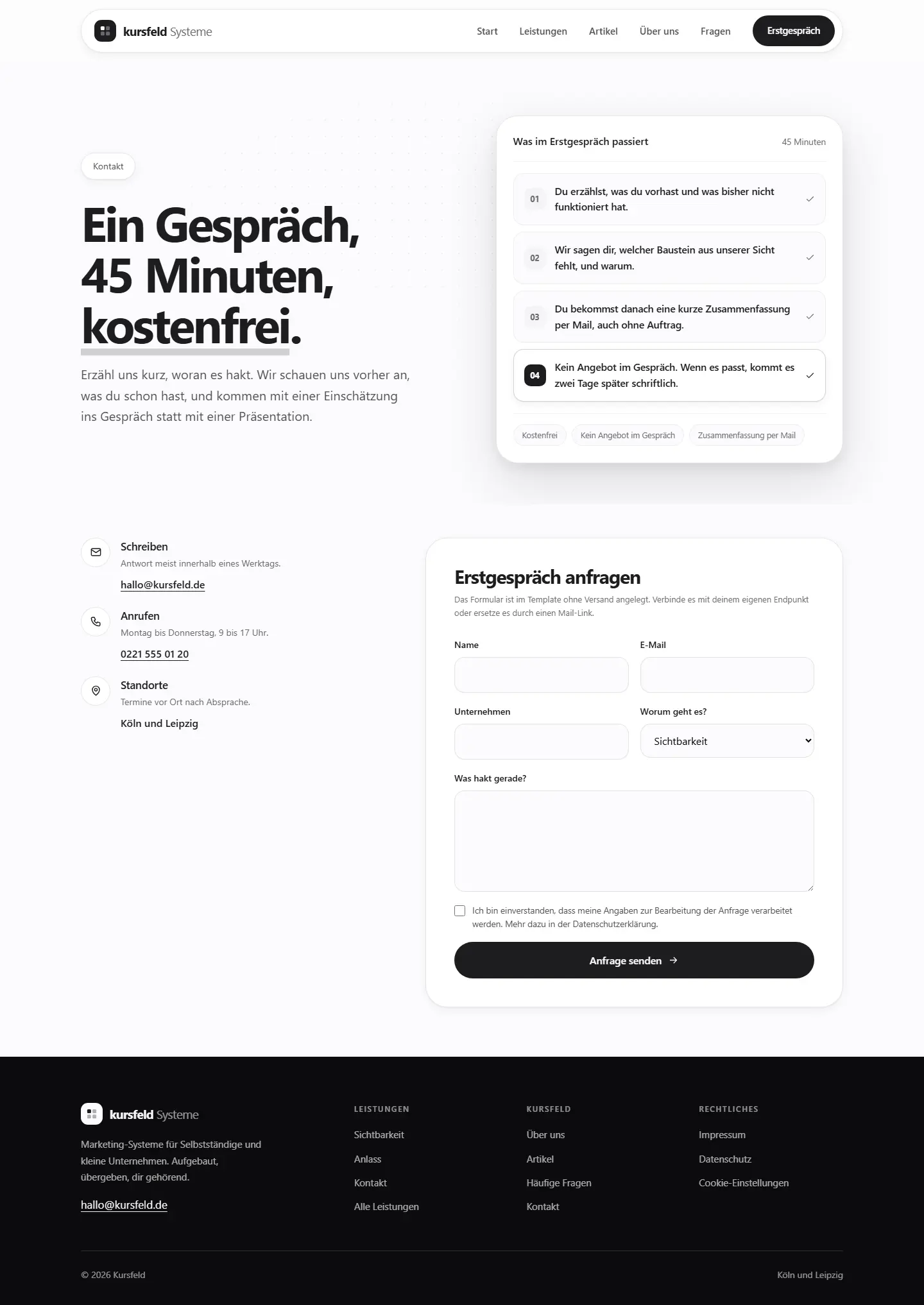 Kontakt des Templates Kursfeld
