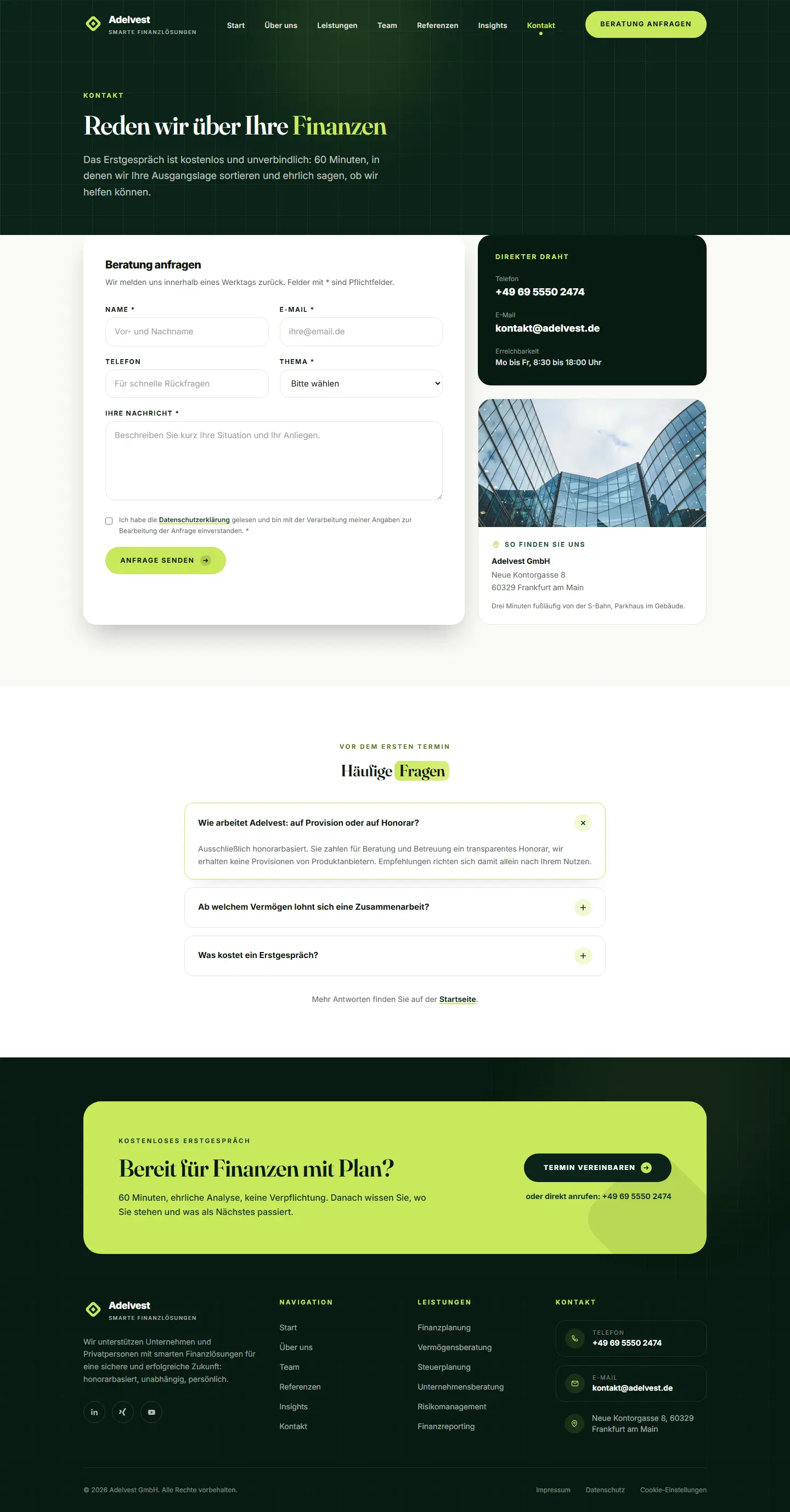 Kontakt ohne Hürden des Templates Adelvest