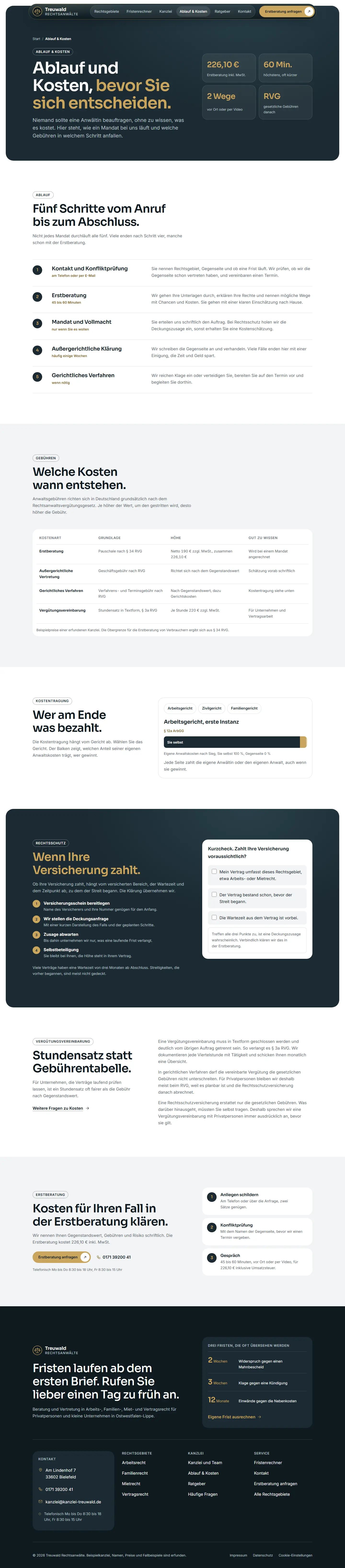 Ablauf und Kosten, Unterseite des Templates Treuwald