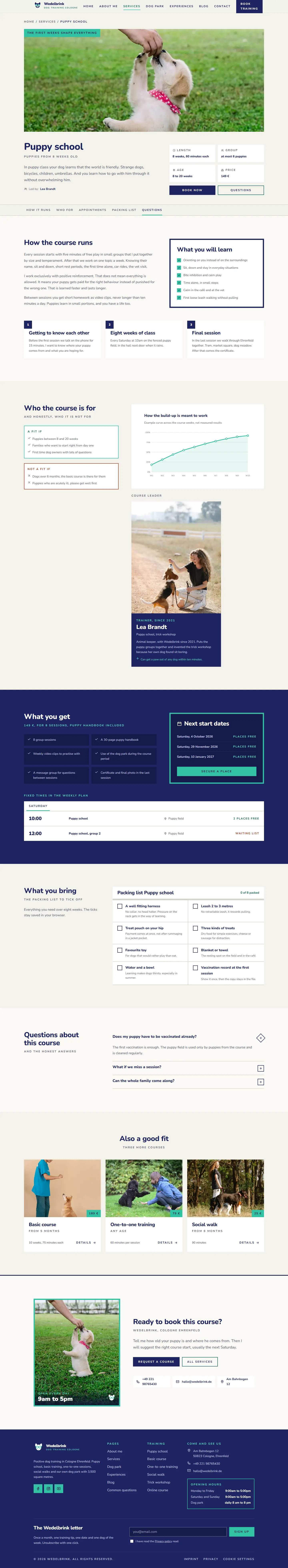 A course page of the Wedelbrink template with the image band and the structure in three steps
