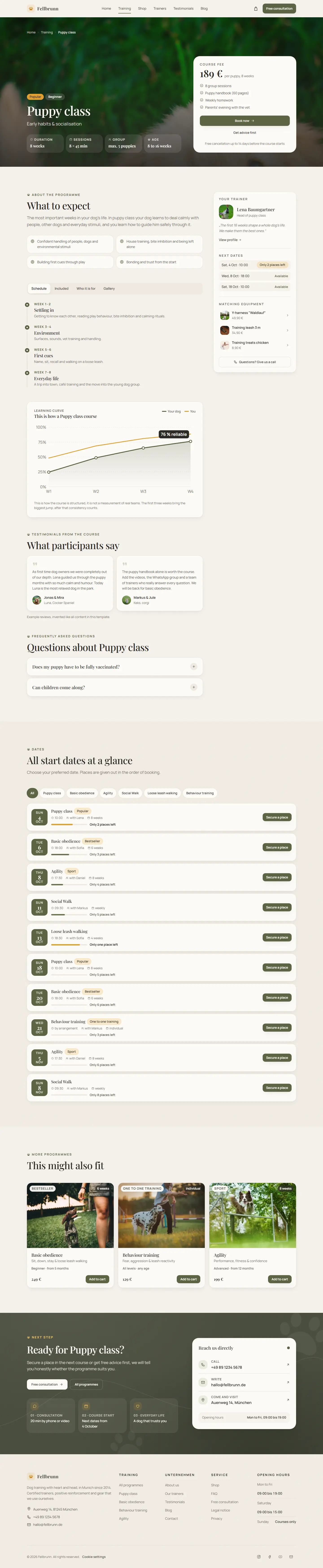 Class page of the Fellbrunn template with the weekly plan and the gear from the shop
