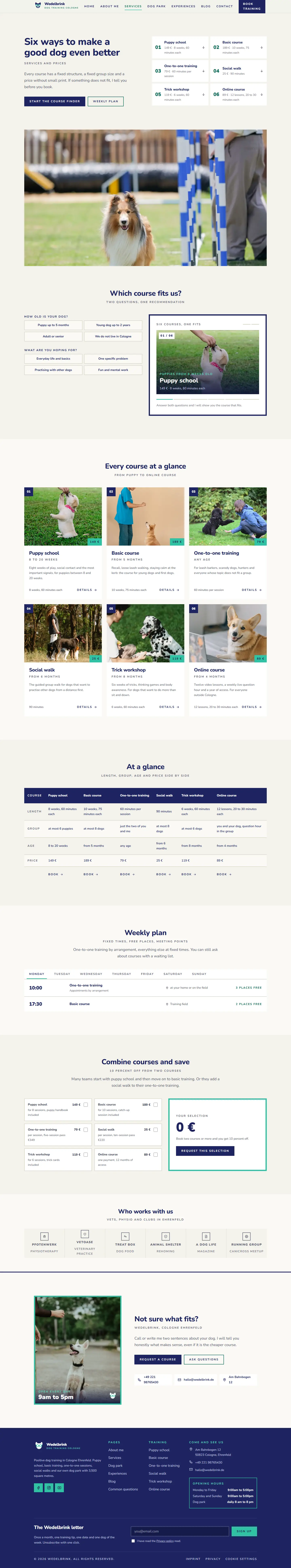 The services page of the Wedelbrink template with six course cards and the comparison table