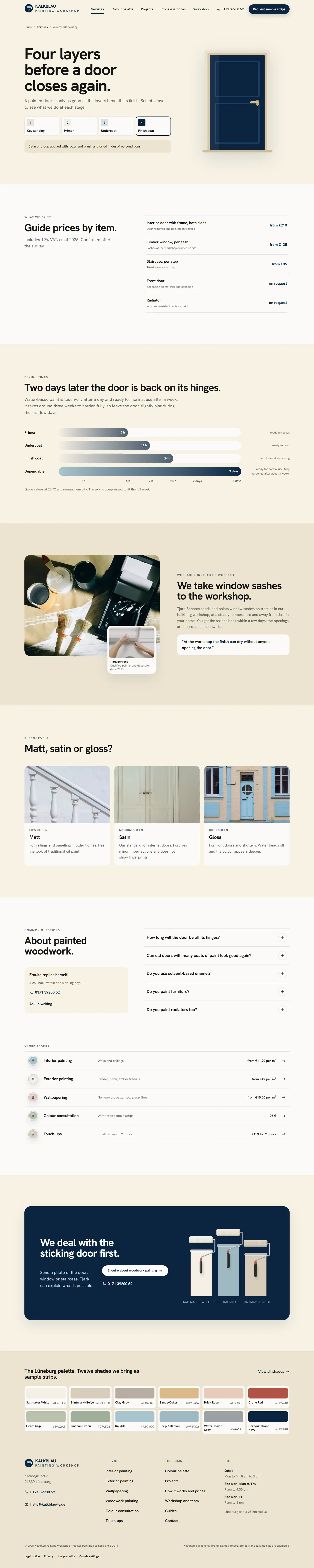 Woodwork page with a drawn navy door and buttons for four coats of paint