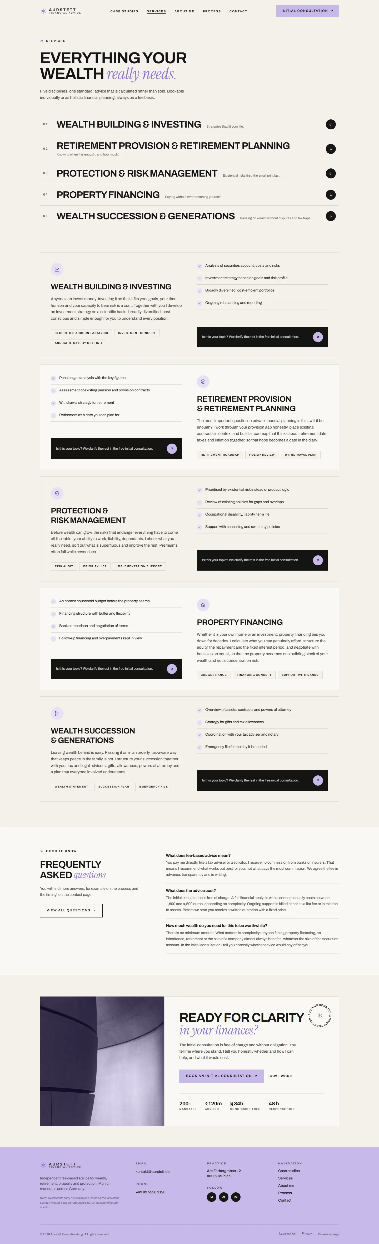 Services page of the Aurstett template with five advisory fields