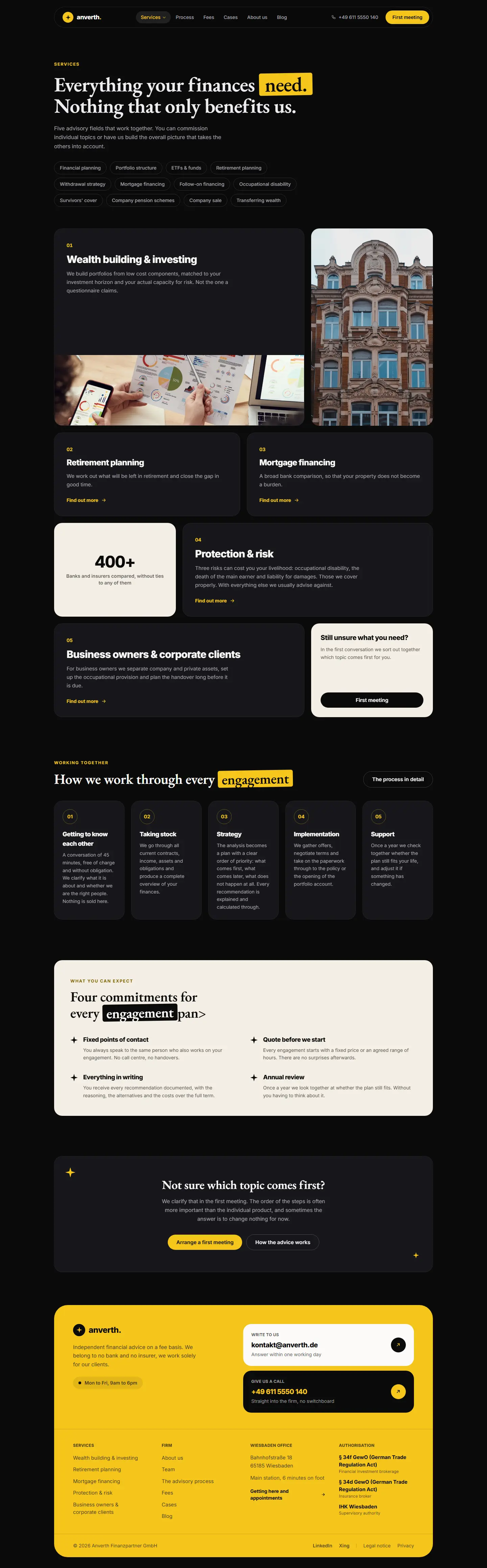 Services page of the Anverth template with five advisory fields