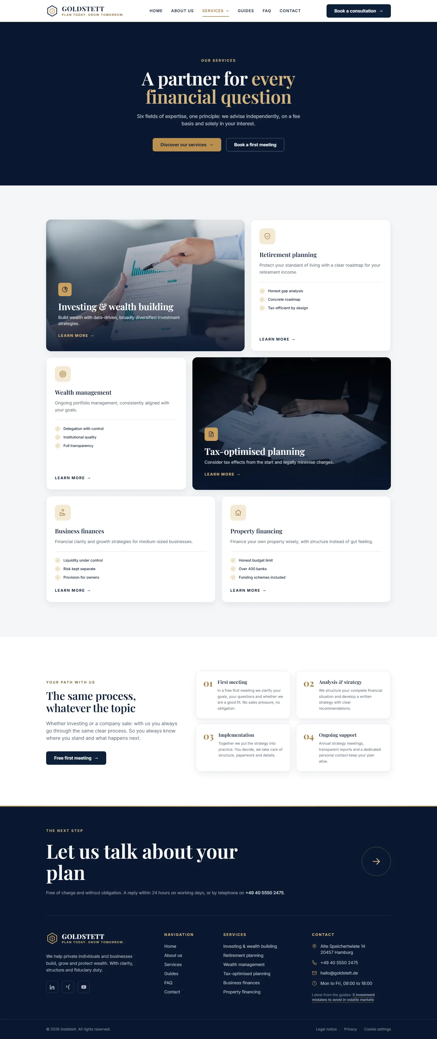 Services overview of the Goldstett template as a bento grid on cream ground