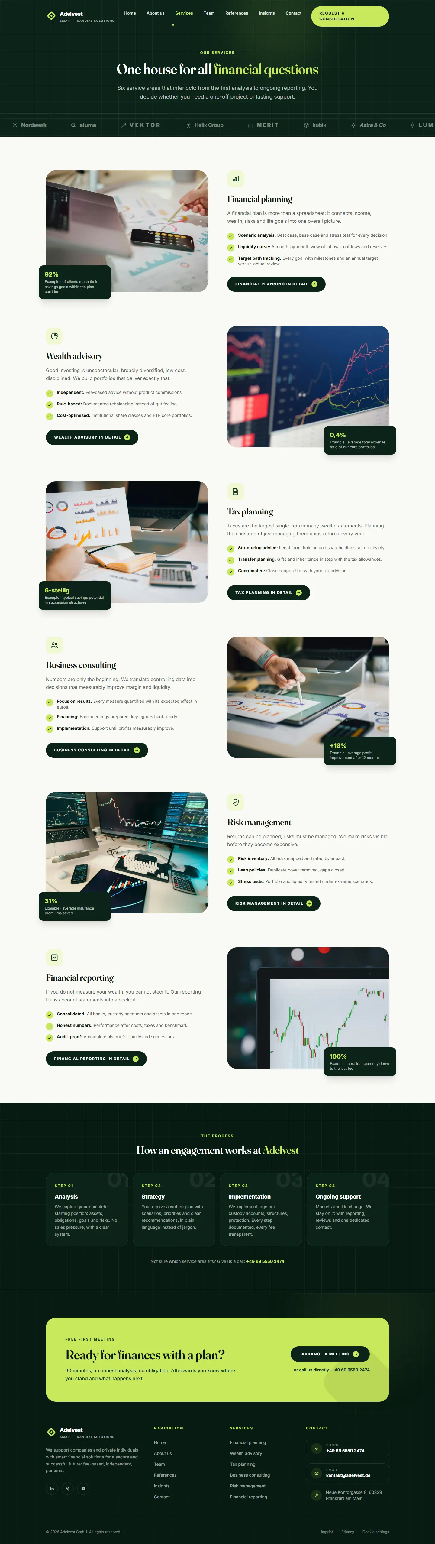 Services overview of the Adelvest template with alternating text and image fields on light ground