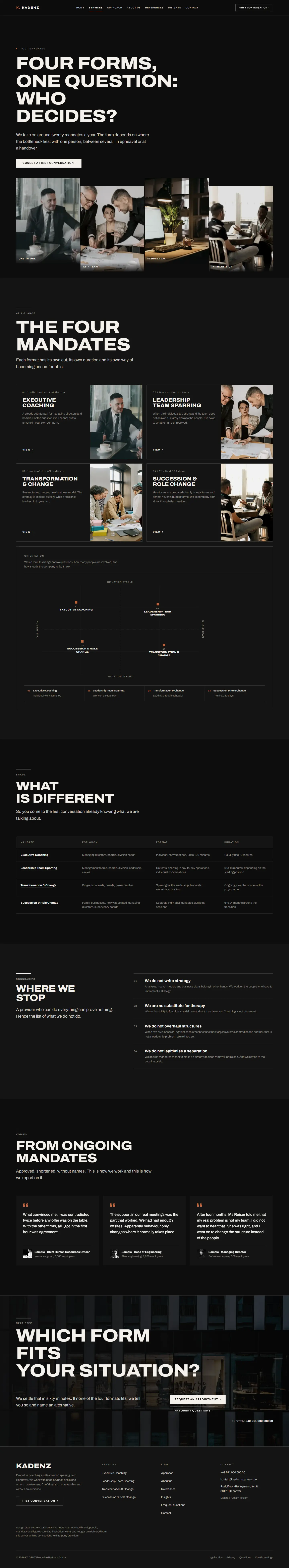 The services overview of the Kadenz template, wordmark above an image strip and four mandate cards