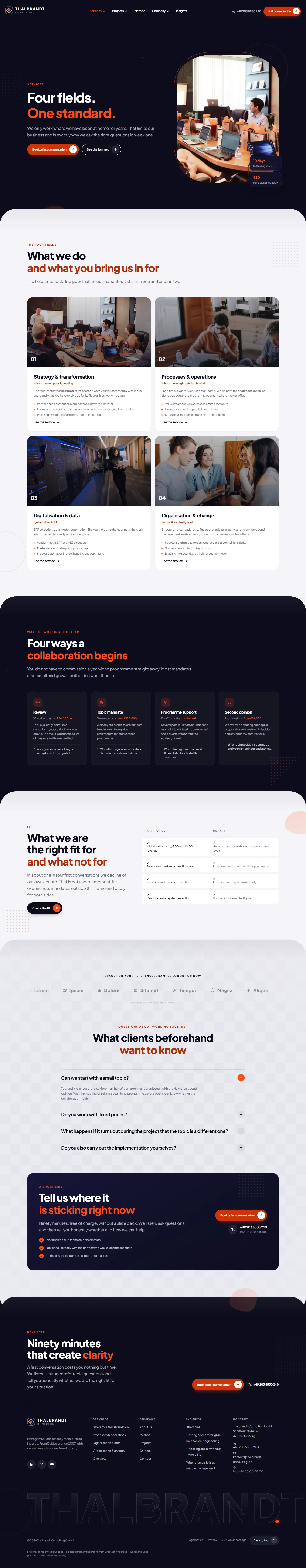 Services overview of the Thalbrandt template with four fields and four formats
