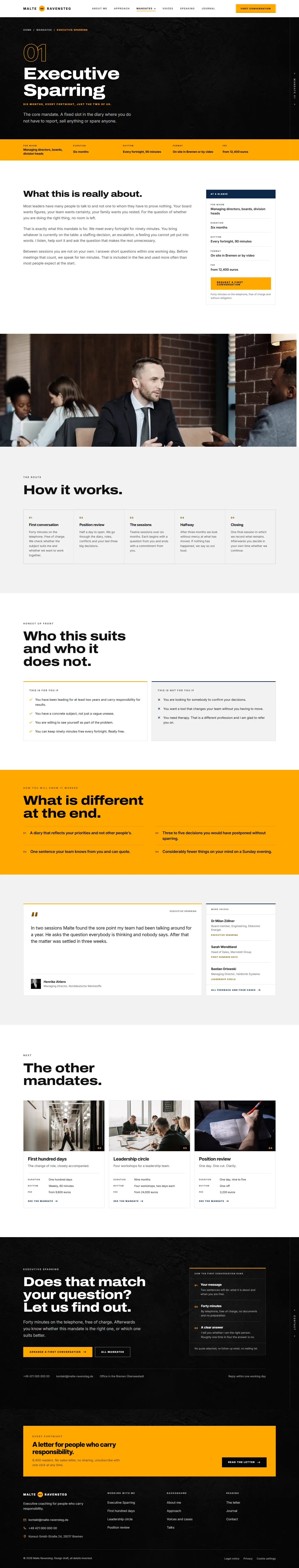 A mandate detail page, dark band with reference number and an amber strip of key facts
