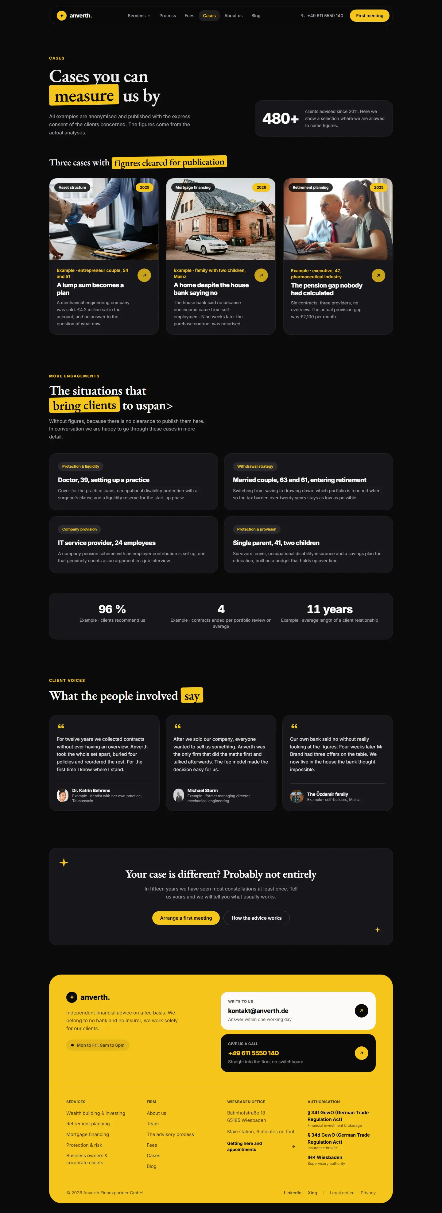 Mandate overview of the Anverth template with three cases and metrics