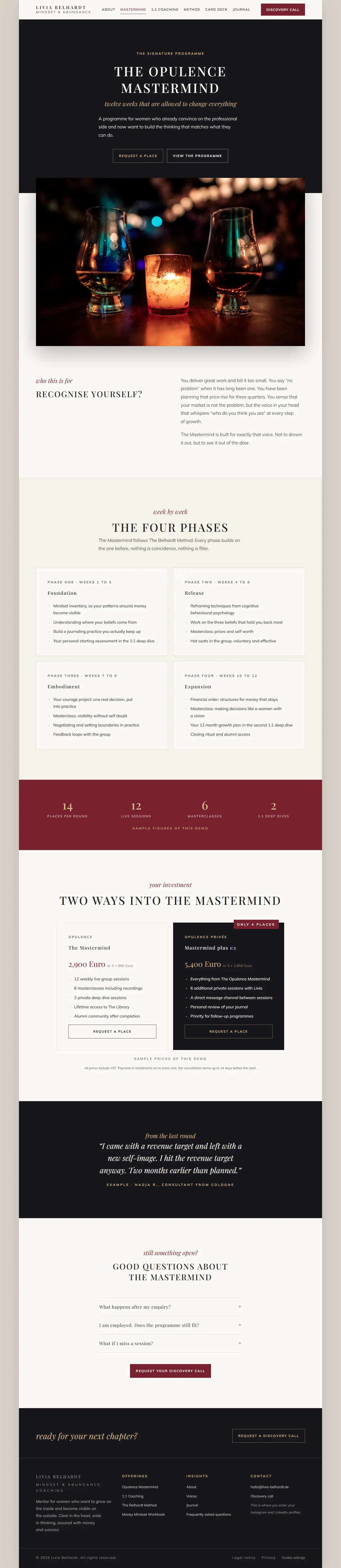 The mastermind page of the Belhardt template, black hero with an overlapping wide image