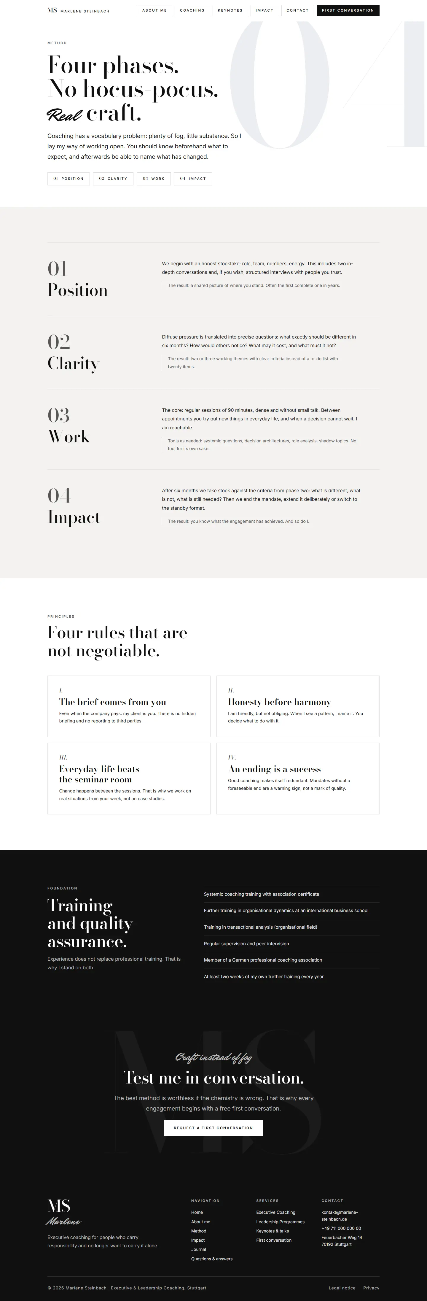 The method page of the Steinbach template, large serif lines with a watermark numeral behind them