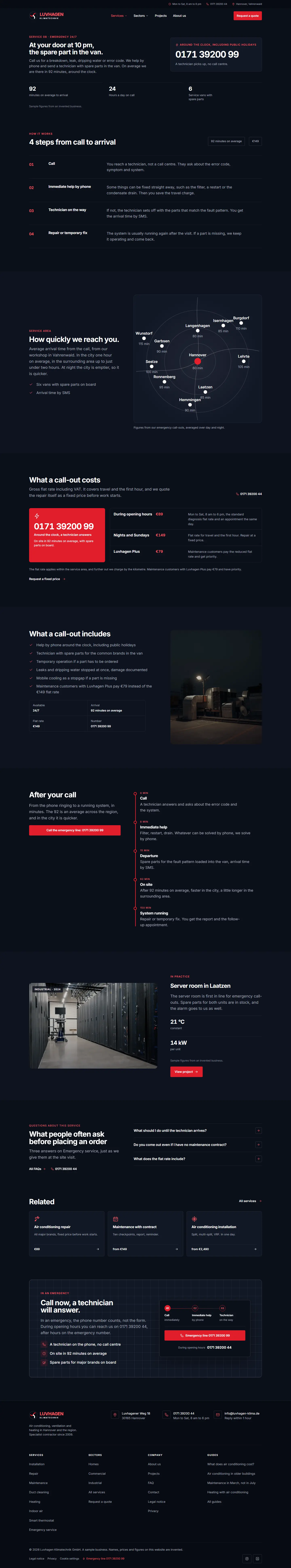 Emergency page with a large phone number, a process in four steps and a map of the region with response times