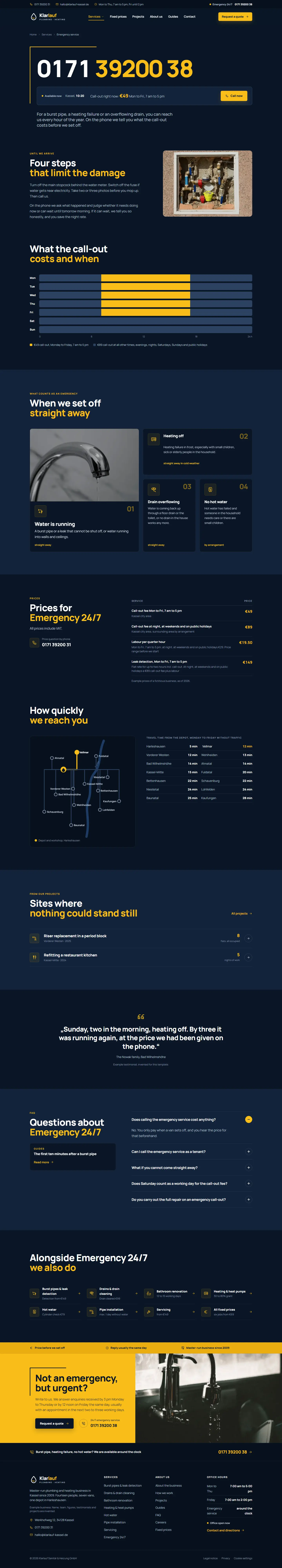 Emergency service page with the emergency number as the headline and a bar with the time in Kassel and the current call-out charge